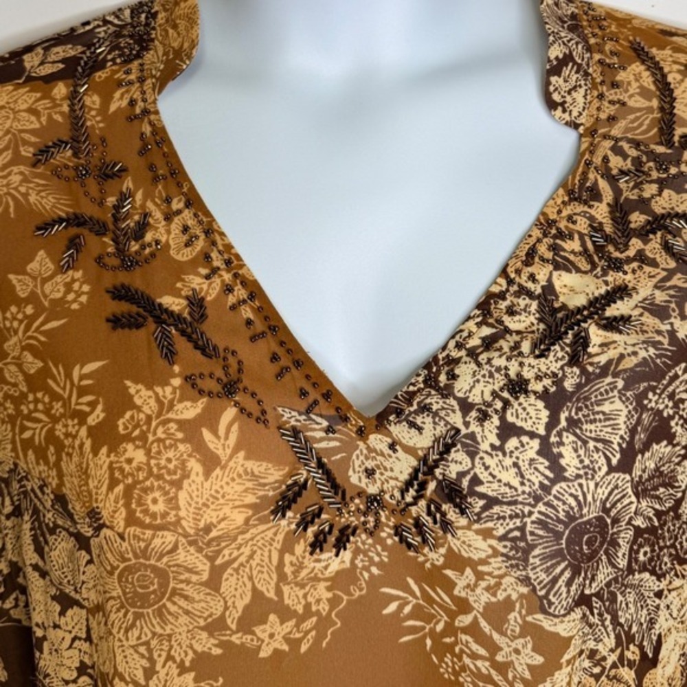 Blouse Women 26/28 Brown Long Sleeves Beaded Floral Sheer V-Neck Boho Officewear - Picture 5 of 7